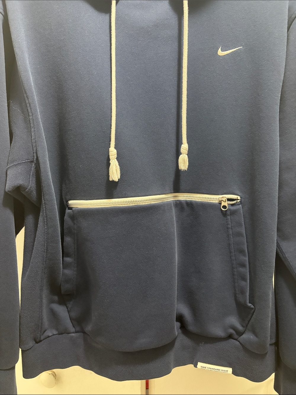 Nike Standard Issue Navy Blue Hooded Pullover with White Drawcords and Zip Pocke - Picture 2 of 4